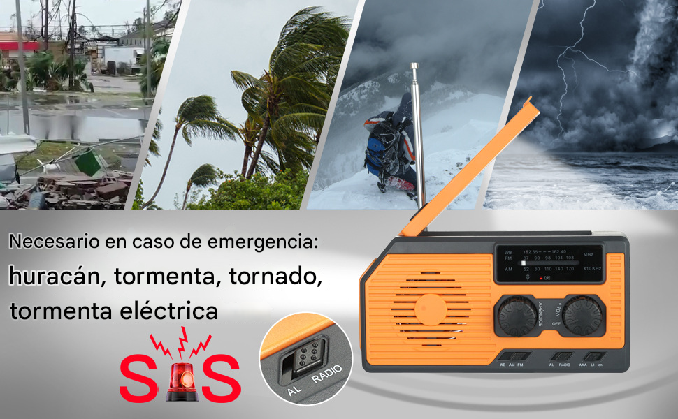 Radio solar, generador recargable e impermeable de 5000 mAh, radio portátil con indoor, Luz de Lectura, Alarma SOS, AM FM WB radio con manivela, ideal para acampar y hacer senderismo. - 1