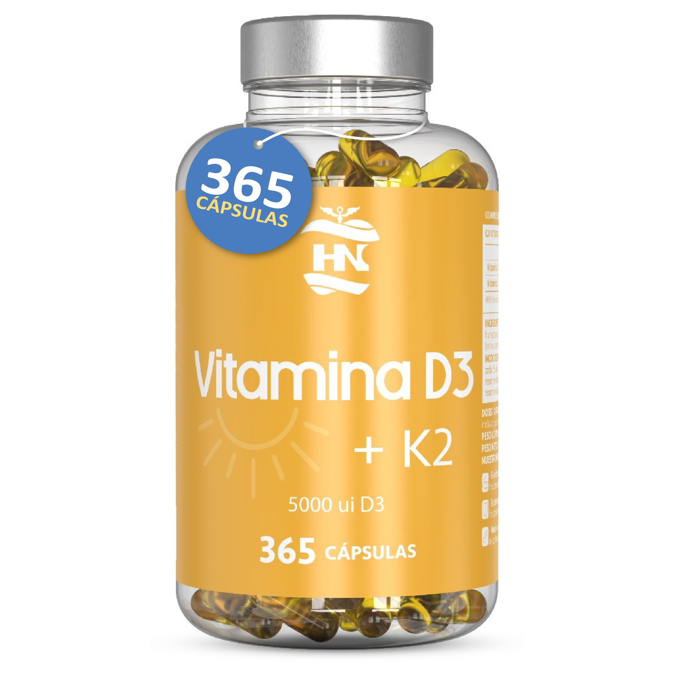 HN Healthy Nutrition Vitamina D - 365 Cápsulas de vitamina D3 K2 – Vitamina D (5000 UI) altamente concentrada. Favorece la función inmunológica y ósea - 365 cápsulas (1 Bote 365 Cápsulas) - 1
