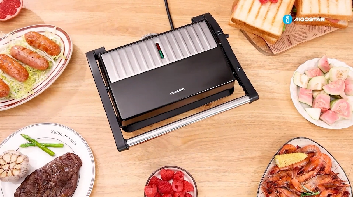Aigostar Sandwicheras y Panini, Parrilla Eléctrica, Grill (Apertura de 180º, Placas Antiadherentes, 1000W) - 1
