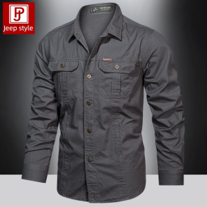 เสื้อเชิ้ตแขนยาวทรงหลวมสไตล์ทำงานสำหรับผู้ชาย ผ้าฝ้ายแท้หลายกระเป๋า ทรงหลวม ทรงหลวม แฟชั่นฤดูใบไม้ร่วง 2025