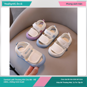 Giày Sandal Lưới Cho Bé Tập Đi Đế Mềm Thoáng Khí Khóa Dán Velcro Chống Trượt Phối Pastel Phong Cách Hàn Quốc Bé Trai Bé Gái Hè