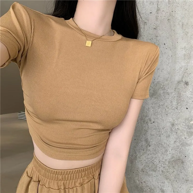 TAN/2PIECES SLEEVES CACNCUT Womens 2 Pieces Set Korean Style TAN/2PIECES SLEEVES CACNCUT Womens 2 Pieces Set Korean Style
