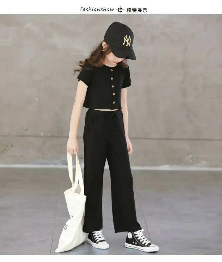 Sporty Teenage Girls Clothing Set In Short Top And Wide Leg Pants