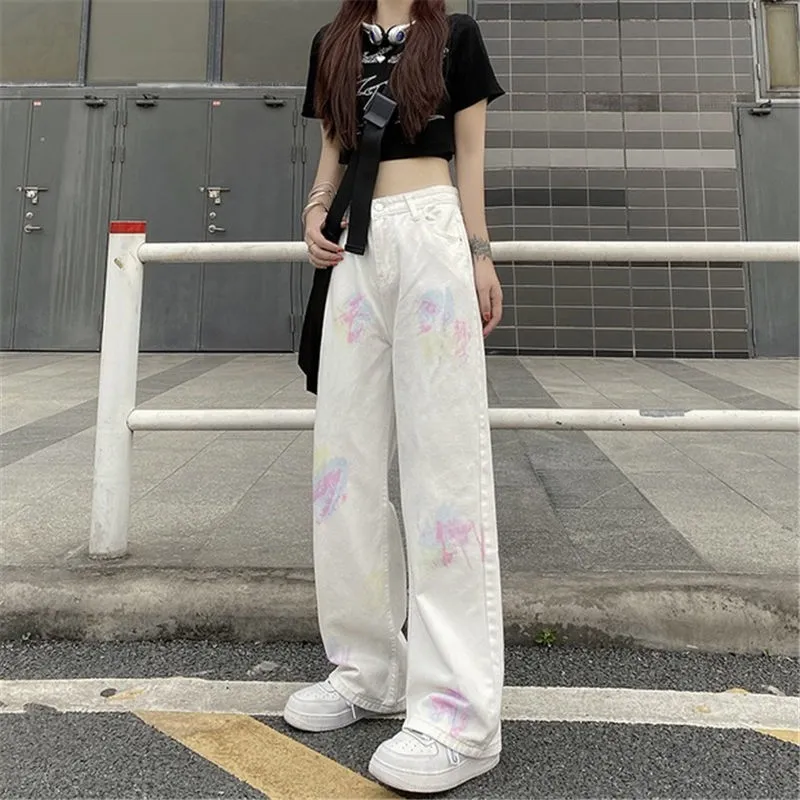 TOFASHIONS Women White Jeans Pants Rainbow Trousers Print Casual Loose Big  Size On Sale Sport Lady Pants Sportwear Joggers Korean Style Students Long  Pant