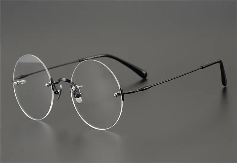 Rimless Pure Titanium Round Eyeglasses Frame Retro Men Optical