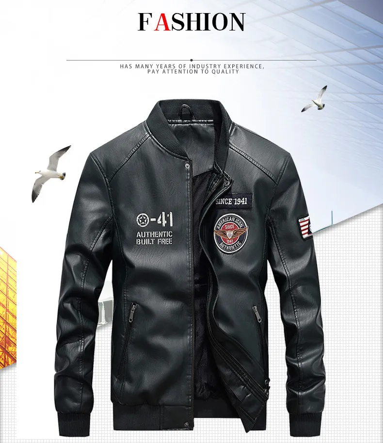 Fuguiniao Leather Jacket Men Bomber Baseball Jacket Pu Coat Pilot