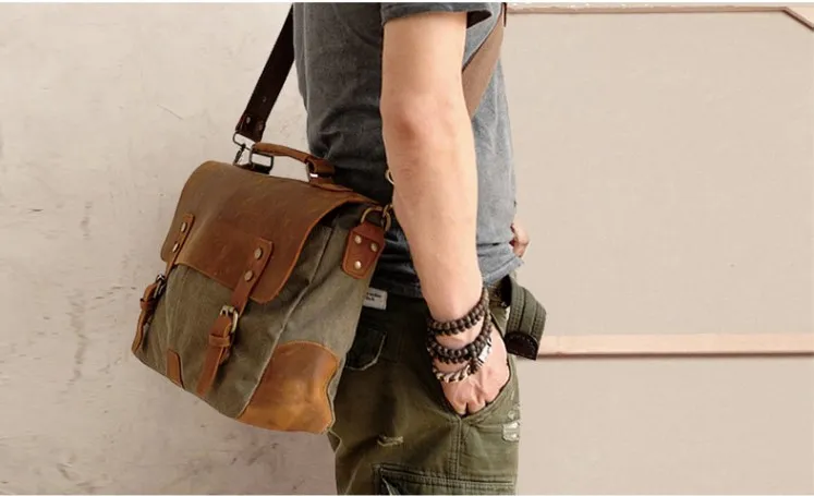 FANCODI Fashion Vintage Men Military Canvas Leather Briefcase Messenger Bags Casual Crossbody Bag Men Canvas Shoulder Bag 6807a Lazada PH