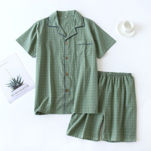 Summer new couple pajamas two-piece mens plaid short-sleeved shorts 100% cotton gauze ladies simple home service set sleepwear