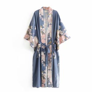 Vintage Peacock Floral Print Sashes Women Bohemian V Neck Batwing Sleeves Ladies Blouses Happie Beach Robe Cover-up