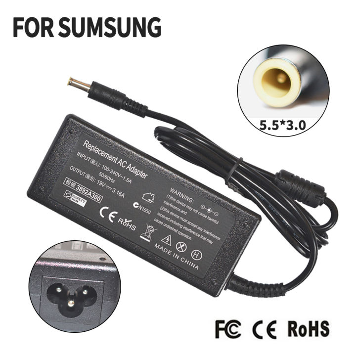 อะแดปเตอร์ไฟเอซี19V 3.16A 5.5*3.0มม. สำหรับ Samsung AD-6019R AD-6019 ...