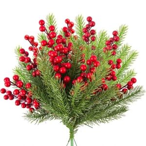 10Pcs Red Cherry Artificial Pine Branches Holly Berries Christmas Decoration Home Room Decor Wedding Decor New Year Wreath Gift