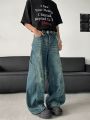 【Stylish】 2025 Trashy Y2K Fashion Washed Blue Spliced Baggy New Jeans Pants For Men 90S Vintage Clothes Wide Leg Straight Denim Trousers. 