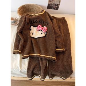Womens Hello Kitty Pajama Set Flannel Cute Cartoon Pajamas Warm Plush Pajamas Fluffy Comfortable Home Clothes Two Piece Set
