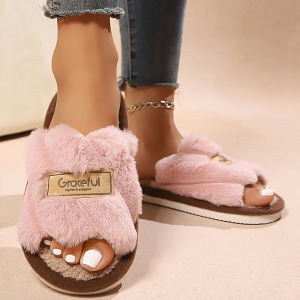 Womens Plush Fuzzy Slippers Home Fur Open-Toe Slides Autumn Winter Indoor Silent Comfort EVA Soft-Soled Bedroom Warm Flip Flops