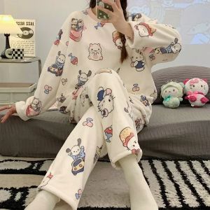 ZEEMIN Christmas Halloween Sanrio Anime HelloKitty Pajamas Kawaii Kuromi My Melody Flannel Pullover Coral Velvet Winter Thick Loose Pajamas Girl Gifts