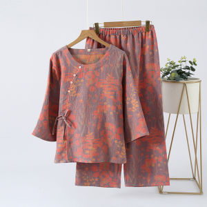 Spring Retro Jacquard Cotton Gauze Pajamas for Women Chinese Style Diagonal Collar 3/4 Sleeves and 9/4 Pants Home Clothing Set