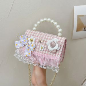 Christmas gifts Pearl Handle Childrens Small Handbags Sweet Flower Bow Girls Shoulder Bags Lovely Princess Lace Crossbody Bag Kids Accessories