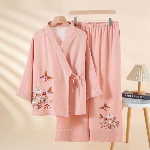Solid Color Lyocell Cotton Linen Chinese Style Womens Pajamas Autumn Thin Long-sleeved Embroidered Home Clothes Kimono Pijamas