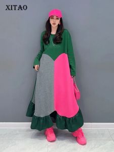 XITAO Contrast Color Patchwork Dress Asymmetrical Women Causal Long Sleeve Pullover Dress Spring Autumn HQQ1925