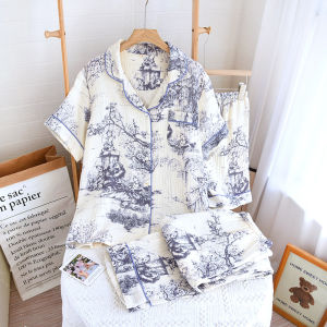 2026 New Spring/Summer Womens Pajama Set 100% Cotton Crepe Three Piece Set Short Sleeve+Shorts+Pants Thin Home Clothing