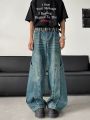 【Stylish】 2025 Trashy Y2K Fashion Washed Blue Spliced Baggy New Jeans Pants For Men 90S Vintage Clothes Wide Leg Straight Denim Trousers. 