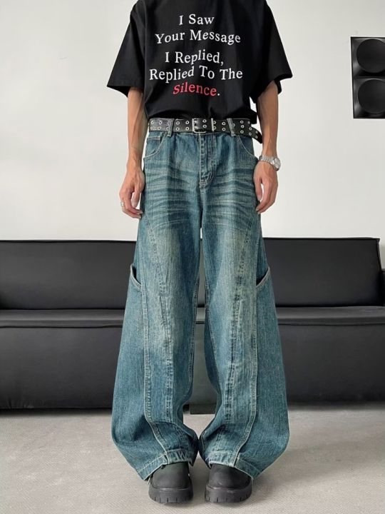 【Stylish】 2025 Trashy Y2K Fashion Washed Blue Spliced Baggy New Jeans Pants For Men 90S Vintage Clothes Wide Leg Straight Denim Trousers