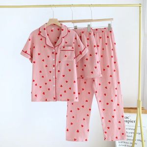 2026 Womens Summer Cotton Yarn Pajamas Short-sleeved Shorts Trousers Three-piece Set Love Print Turn-down Collar Loose Loungewear