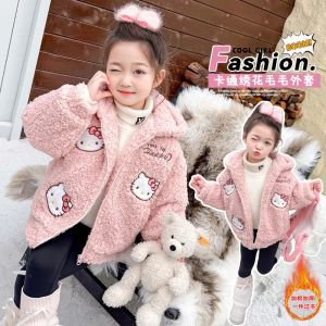 ULEEK Hello Kitty Anime Kawaii Sanrio Ins Fashion Long Sleeve Coat Children Cute Cartoon Fleece Thickened Jacket Gifts for Girls