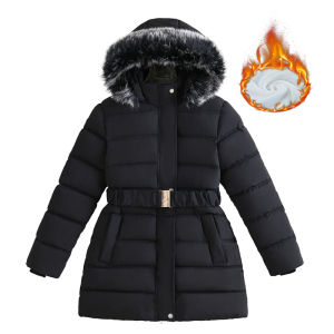 Girls Fur Collar Hooded Coats Children Winter Fleece-lined Jackets Kids Thickened Plush Velvet Outerwear Teenager Warm Clothes