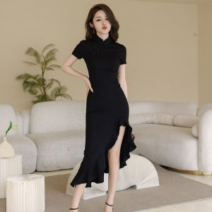 Chinese Style Improved Cheongsam Lady Disc Buckle Irregular Improvement Qipao Split Fishtail Long Daily Women Qipao Dress 3180