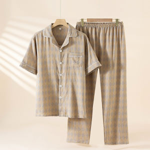 Diamond Checked Printed Mens Cotton Cardigan Short Sleeve Shorts Set for Summer Casual Large Size Men Loungewear Set