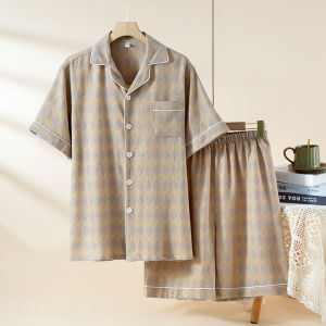 2026 New Summer Mens Pajama Set 100% Cotton Cotton Cardigan Short Sleeve Shorts Two Piece Set Loose Casual Wide Home Clothes