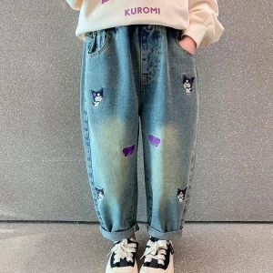 Christmas Gifts 2024: Kawaii Sanrio Kuromi Kids Jeans Cute Cartoon Retro Loose Fashion Elastic Waist Children Versatile Jeans Birthday Gifts