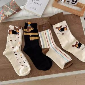 4Pairs Cartoon Sausage Dog Socks Women Autumn Winter Cute Cotton Dog Print Mid-tube Stockings Girls Sausage Dog Pattern Socks