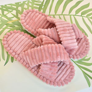Double Straps Slippers for Women Cross Band Open Toe Memory Foam Floor Shoes for House Home Cozy Non Slip Corduroy Cotton Slip