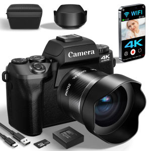 Digital Camera for Photography 4K 64MP WiFi Vlogging Camera with Flash Lens Hood Front and Rear Camera 4 Inch Touch Screen