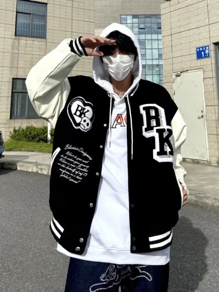 ZZOOI Men Varsity Jacket Dark High Street Skull Flocking