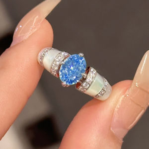 1CT Oval Moissanite Ring with Certificate Sparkling Pink Blue Diamond S925 Silver Wedding Band Engagement Fine Jewelry For Women