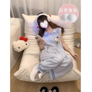 Cute Night Skirt Kitty Cat Night Skirt Long Sleeves Stripe Pajamas Female Autumn Loose Style Home Clothing Night Skirt