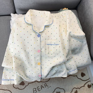 Korean Style Colourful Dot Womens Sleepwear Set 2025 Autumn Winter New Pajamas Set Cute Lapel Neck Casual Homewear 2PC Suit