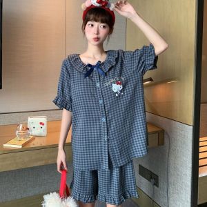Sanrio Hello Kitty Pajama Set Anime Woman New Cute Grid With Padded Cups Pajamas Round Neck Bow Student Nightwear Girls Gift