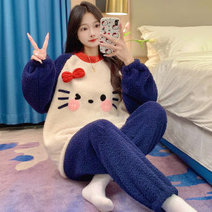 Kitty Cat Pajamas Long Sleeve Crew Neck Pullover Soft Top Pants Autumn Homewear Winter Sleepwear Clothing Sets for Women
