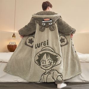 One Piece Luffy Creative Anime Cartoon Pattern Fashion Thickened Warm Soft Skin-Friendly Coral Fleece Long Robe and Pants Set