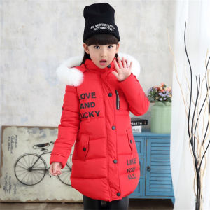 Winter Girls Down Coats Children Fur-Trimmed Hooded Jackets Kids Letter-Printed Thickened Outerwear Teenager Warm Long Overcoat