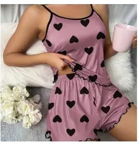 Love Print Pajama Set Crew Neck Cami Top & Lettuce Trim Shorts Womens Summer Sleepwear Soft Loungewear Purple Nightwear