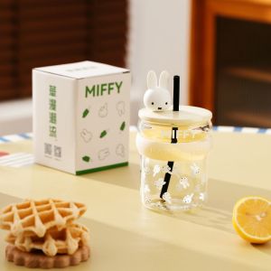 ​Miffy Kawaii Glass Cup with Straw Cute Cartoon Bunny Milk Coffee Juice Cup for Best Friends High Aesthetic Gift Double-Layer​