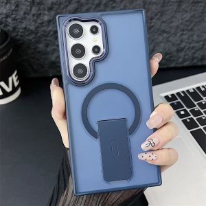 Luxury Matte Translucent For Magsafe Folding Stand Holder Phone Case For Samsung S24 Plus S23 Ultra Wireless Charging Back Cover