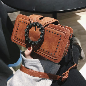 Vintage Round Rhinestone Buckle Shoulder BagFashion Punk Design Top-handle Crossbody Bag Popular Rivets Decor Purse For Women