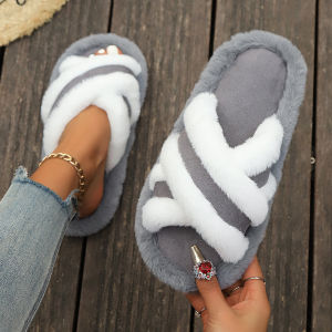 Winter Woman Open-toe Fluffy Slippers Heart Fur Floor Shoes Indoor Lovely Gentle Style Warm Soft Light Breathable Slides