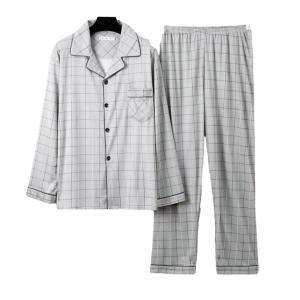Mens Spring Pajama Set (2-Piece Set) Mens Home Wear Shirt and Pants Set Striped Plaid Print Lapel Single-Breasted Long-Sleeve Wide-Leg Pants